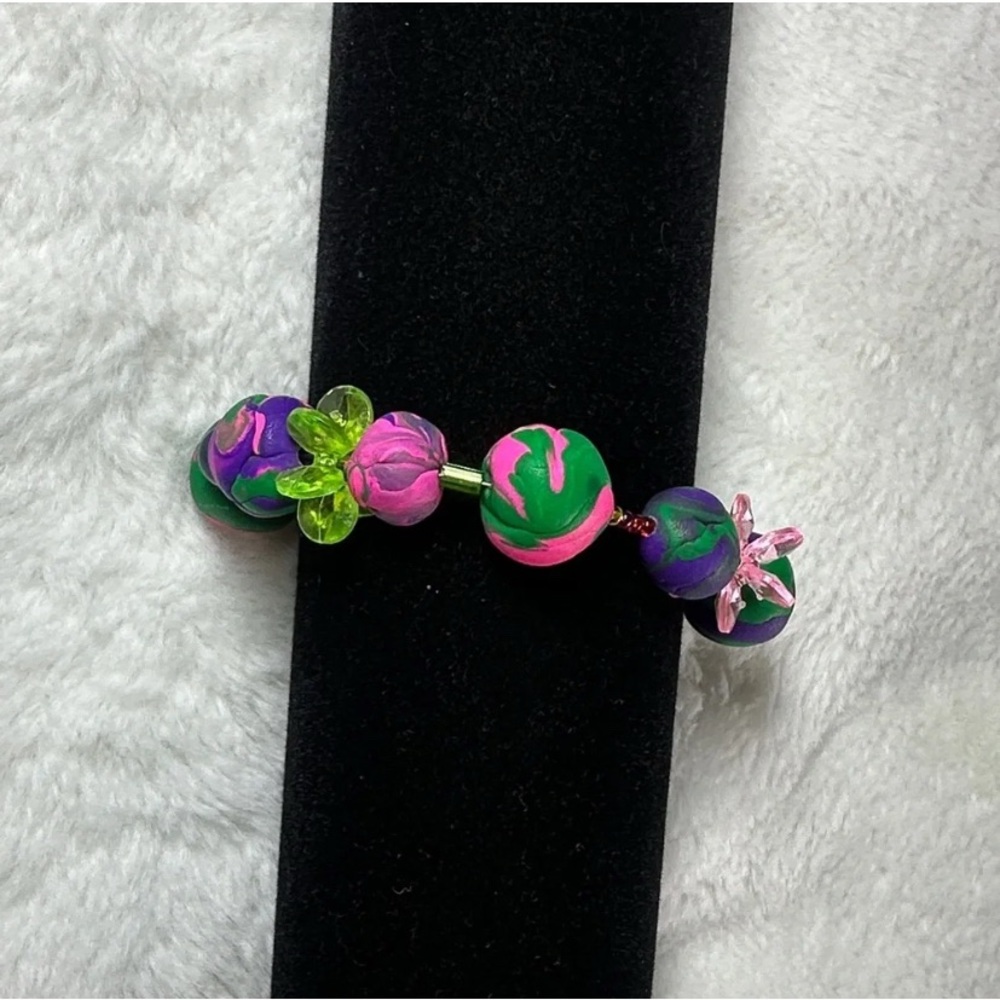 Handmade Pink & Green Floral Bead Bracelet